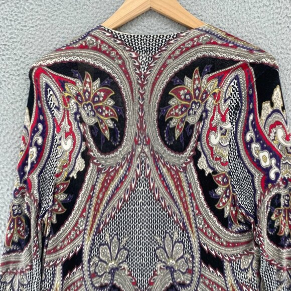 Chicos Sweater Womens 2 US Large Red Multi Batik Floral Open Cardigan Stretch - Picture 4 of 9